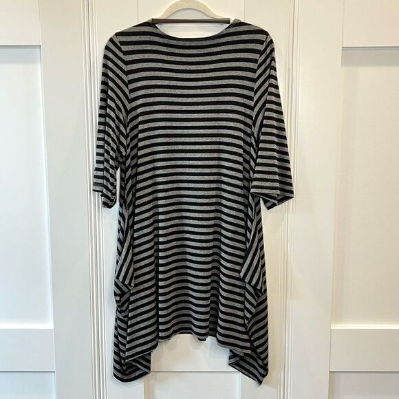 Bryn Walker Women’s Small Viscose Striped Black Grey Midi Dress 3/4 Sleeve - Picture 6 of 11